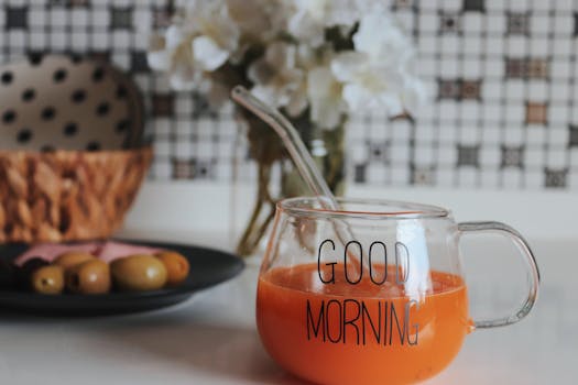 A refreshing orange juice in a clear 'Good Morning' cup on a table.