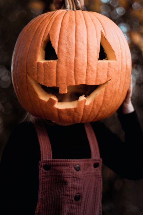 Free Child in fall clothing wearing a carved pumpkin as a mask, celebrating Halloween outdoors. Stock Photo