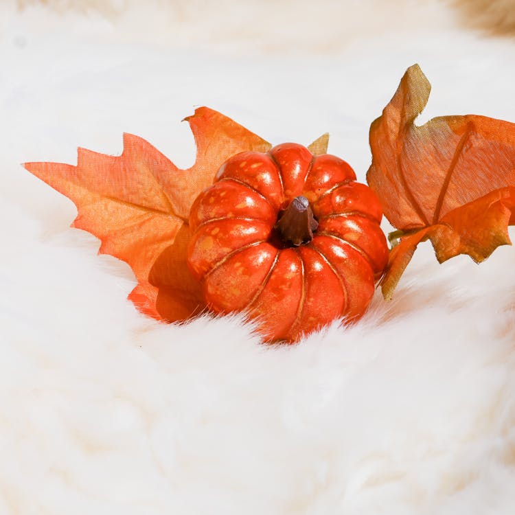 Orange Leaves On White Fur Textile