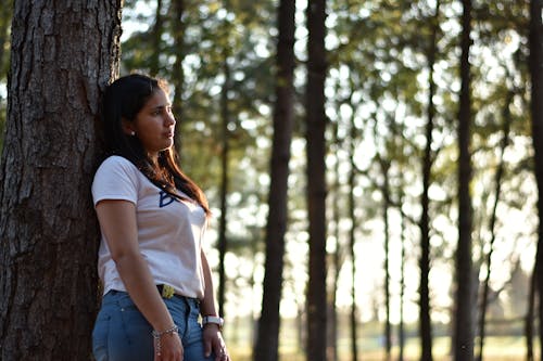 Gratis Wanita Bersandar Di Pohon Foto Stok