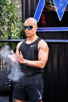 Muscular man in black tank top clapping hands with powder outdoors, ready for an intense workout.