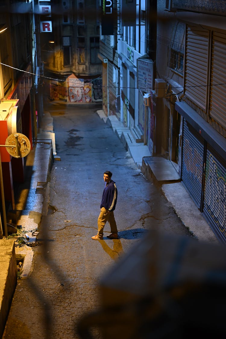 Man In A Dark Alley In City At Night