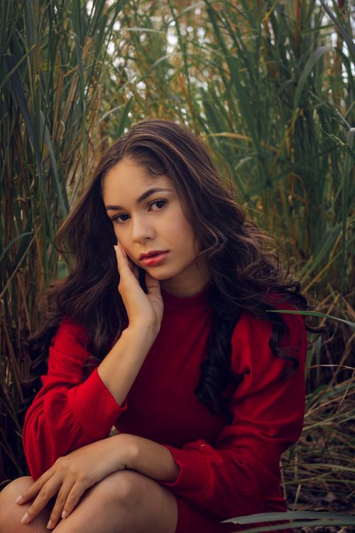 Free Portrait of a young woman in a red dress posing gracefully amidst tall grass outdoors. Stock Photo