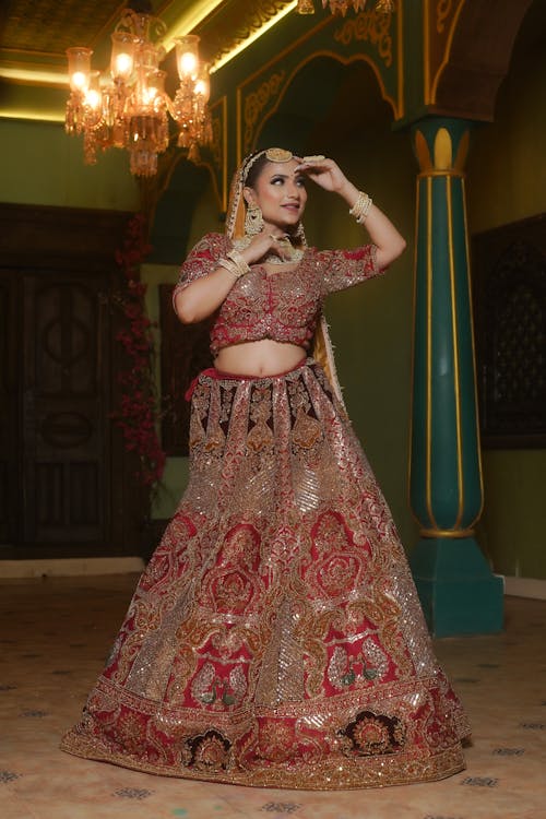 A Pretty Woman in Red and Gold Saree Posing