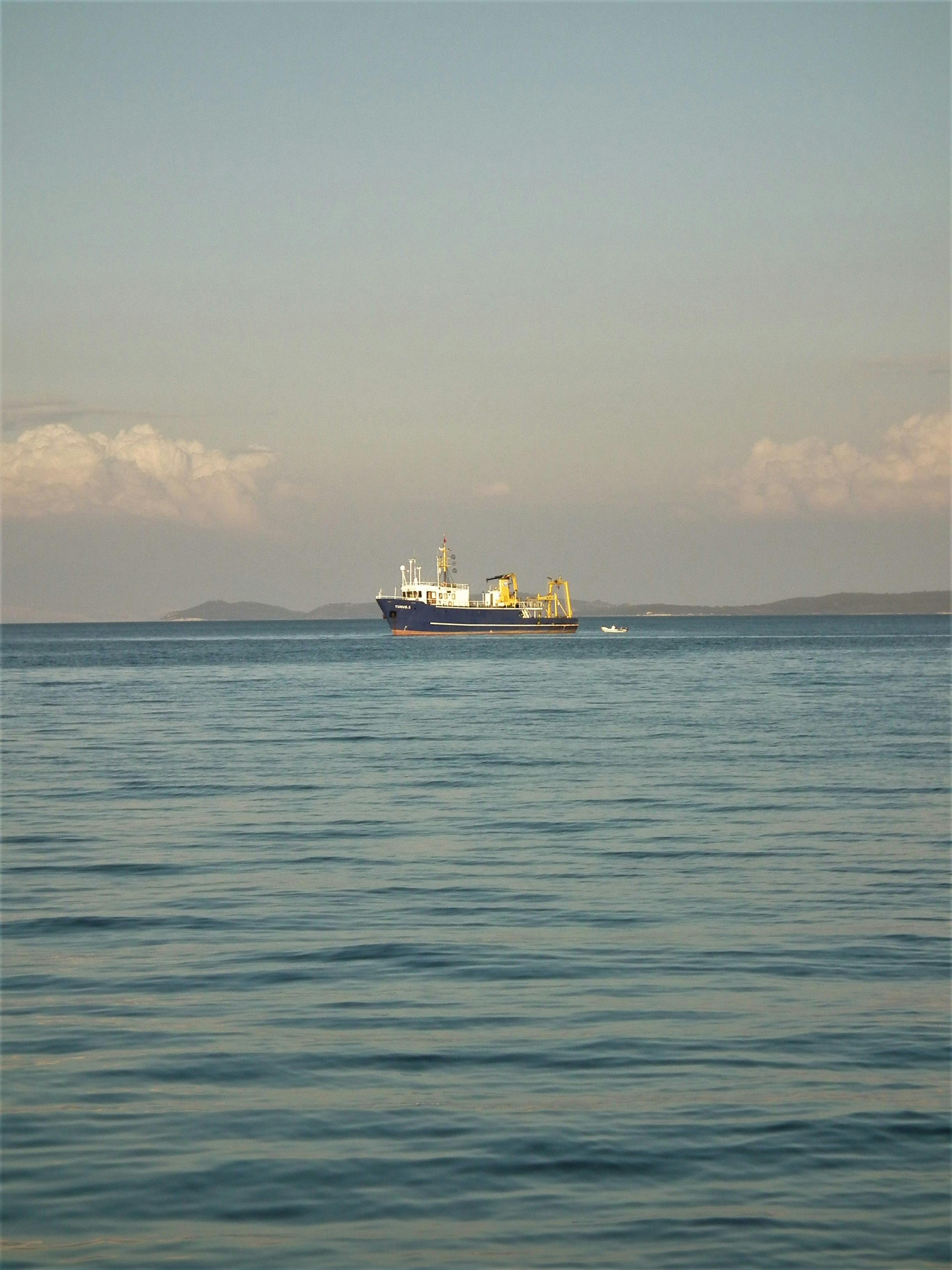 Free A distant cargo ship navigates the serene ocean under a clear blue sky. Stock Photo