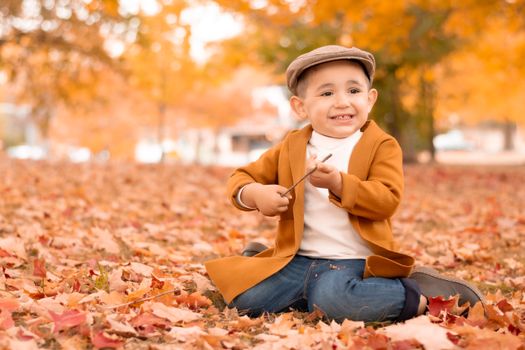 Boy Wearing Coat and Cap in Autumn Park