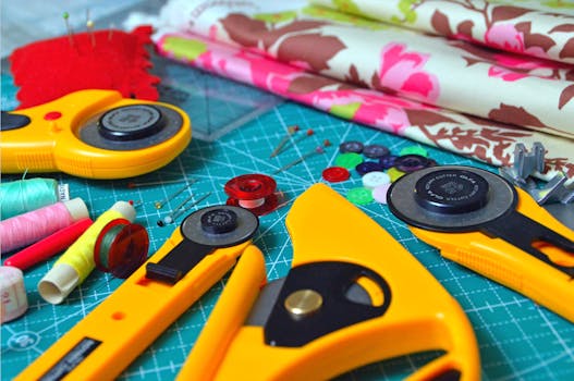 A vibrant collection of sewing tools and fabrics spread on a cutting mat, ideal for craft enthusiasts.