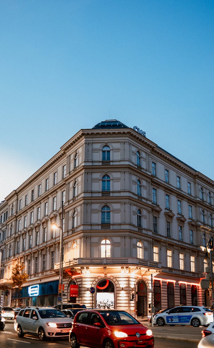 Historic Building Facade On City Street At Night