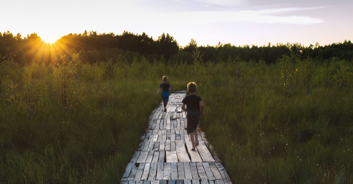 Two Kids Running on Wooden Pathway during Sunset · Free Stock Photo