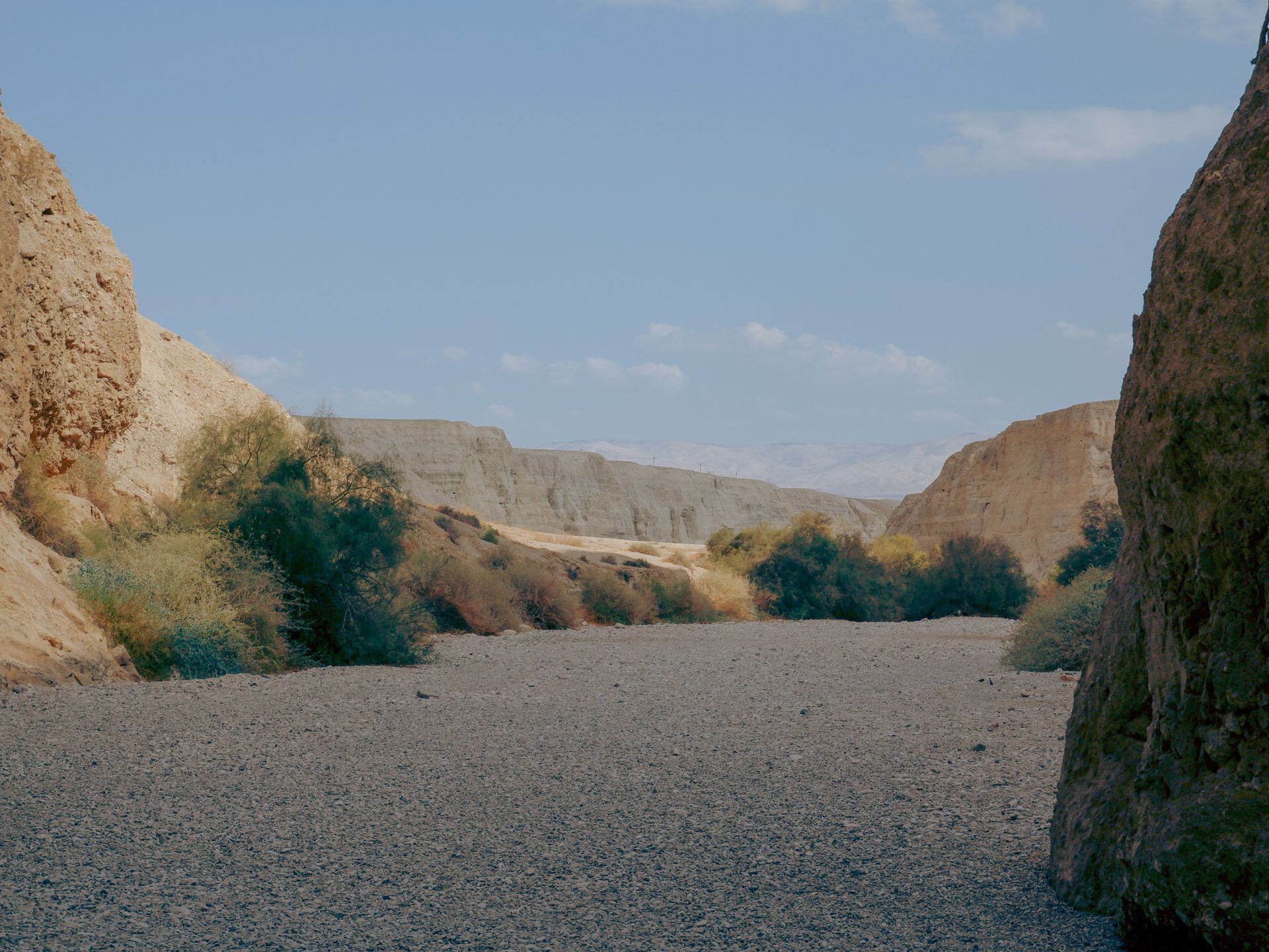 Serene desert landscape in Ein Gedi, Israel, with rock formations and shrubs under a clear blue sky.