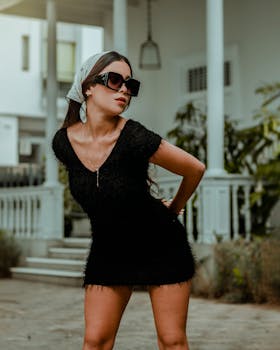 Stylish woman wearing sunglasses and a black dress poses outdoors in an elegant setting.
