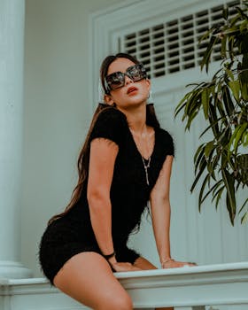 Elegant woman in a black dress and sunglasses posing outdoors with a modern look.