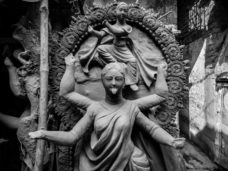 Kali Puja Sculpture In Grayscale Photo