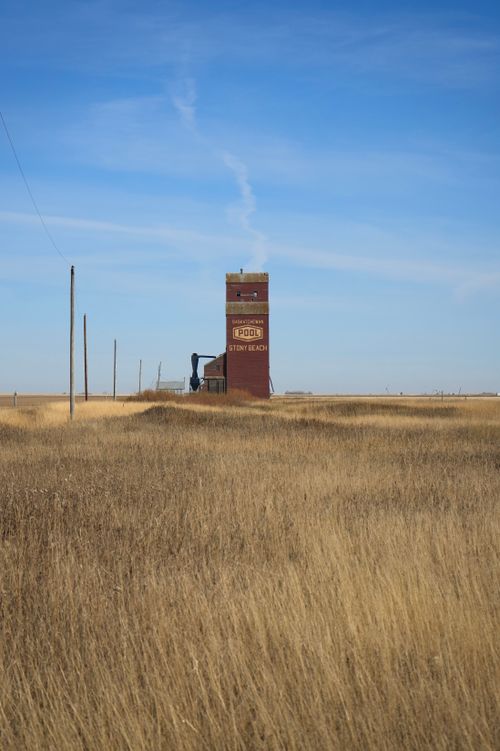 Free Lonely grain elevator stands amidst golden prairie grass under a clear blue sky. Stock Photo