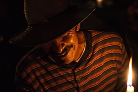 Man in striped shirt and hat smiling warmly by candlelight in Oaxaca, Mexico.