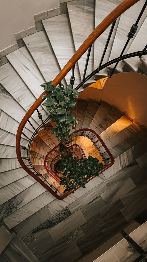 Free A top view of a spiral staircase adorned with plants, showcasing architectural elegance indoors. Stock Photo