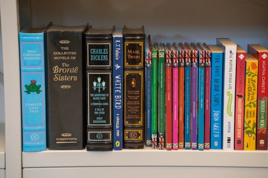 Close-up of a bookshelf with classic and modern novels. Perfect for book lovers.