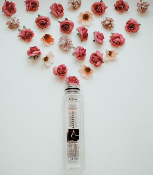 Free Aqua Fragrance Bottle and Roses Wall Decor Stock Photo