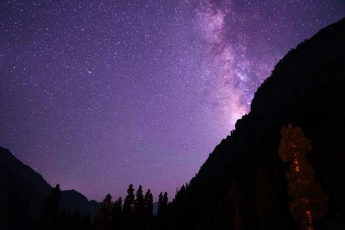 Free Silhouetted mountains under a stunning starry night sky, showcasing the Milky Way in vivid detail. Stock Photo
