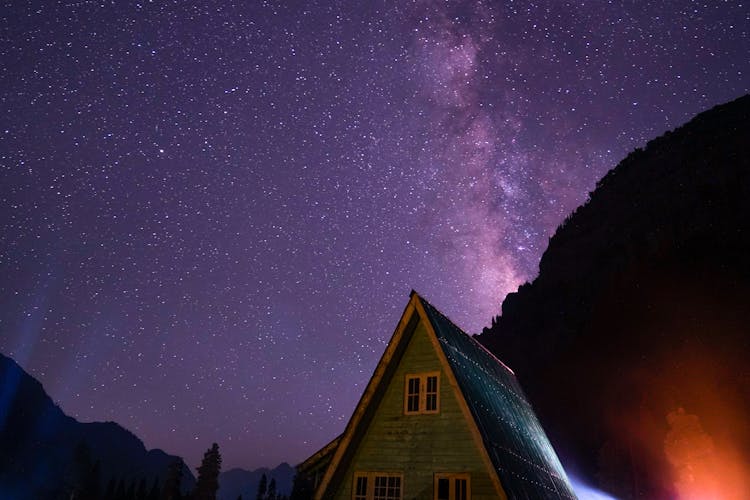 Milky Way In The Night Sky Over A Wooden Cottage