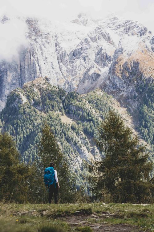 Free Lone backpacker gazing at stunning snow-capped mountains and lush valley. Stock Photo