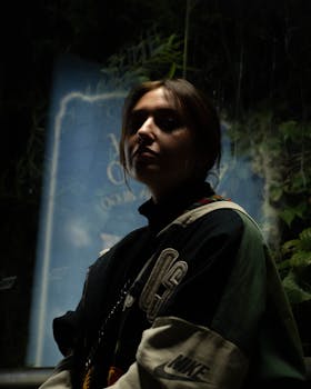 Stylish woman in a dimly lit environment with a mysterious backdrop.