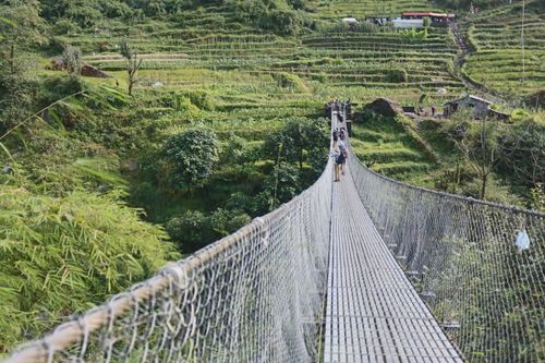 Free Travelers trek across a suspension bridge amid lush green terraces in Nepal. Stock Photo