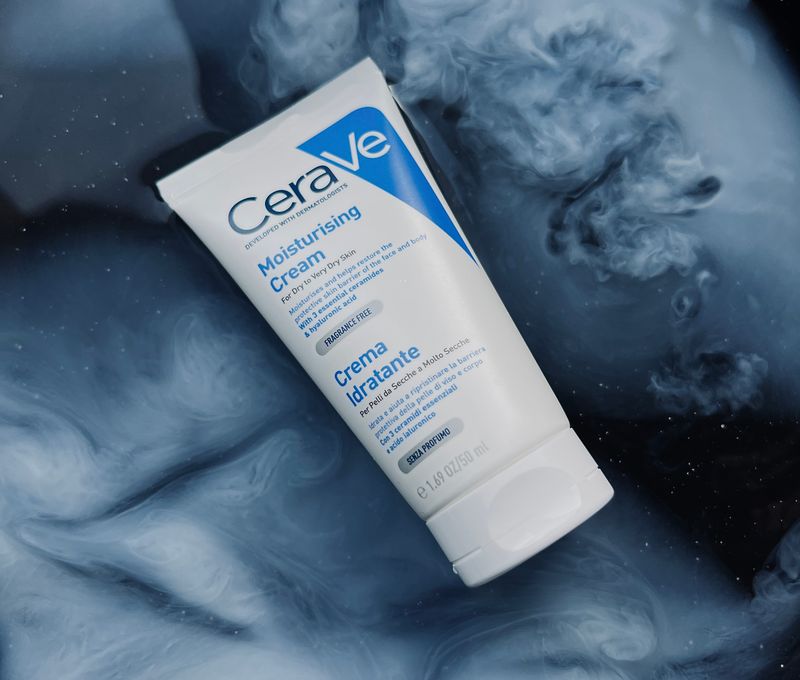CeraVe moisturizer jar on a bathroom counter