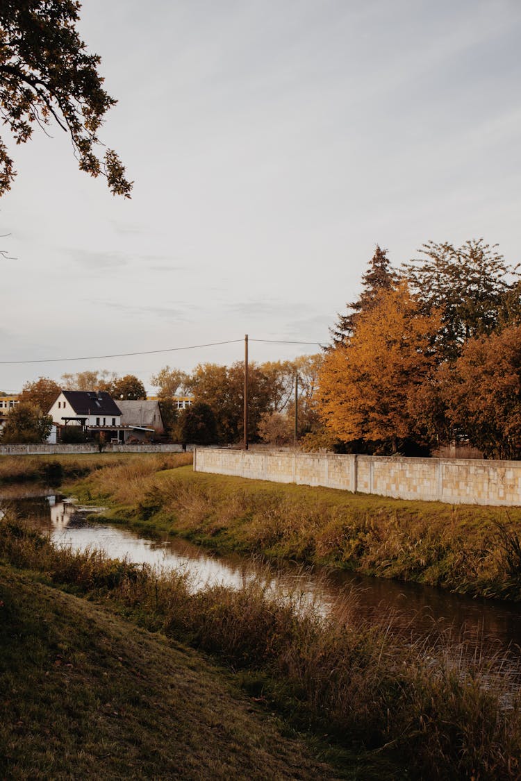 Creek In Village In Autumn