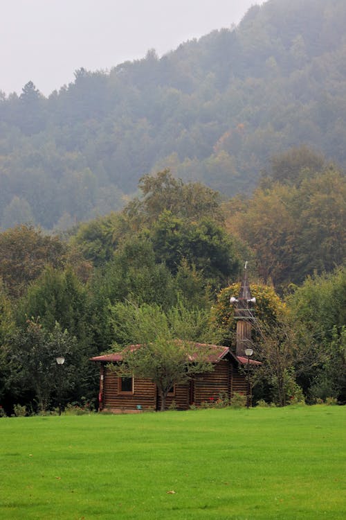 A Wooden House on Green Grass Field Near the Green Trees on Mountain