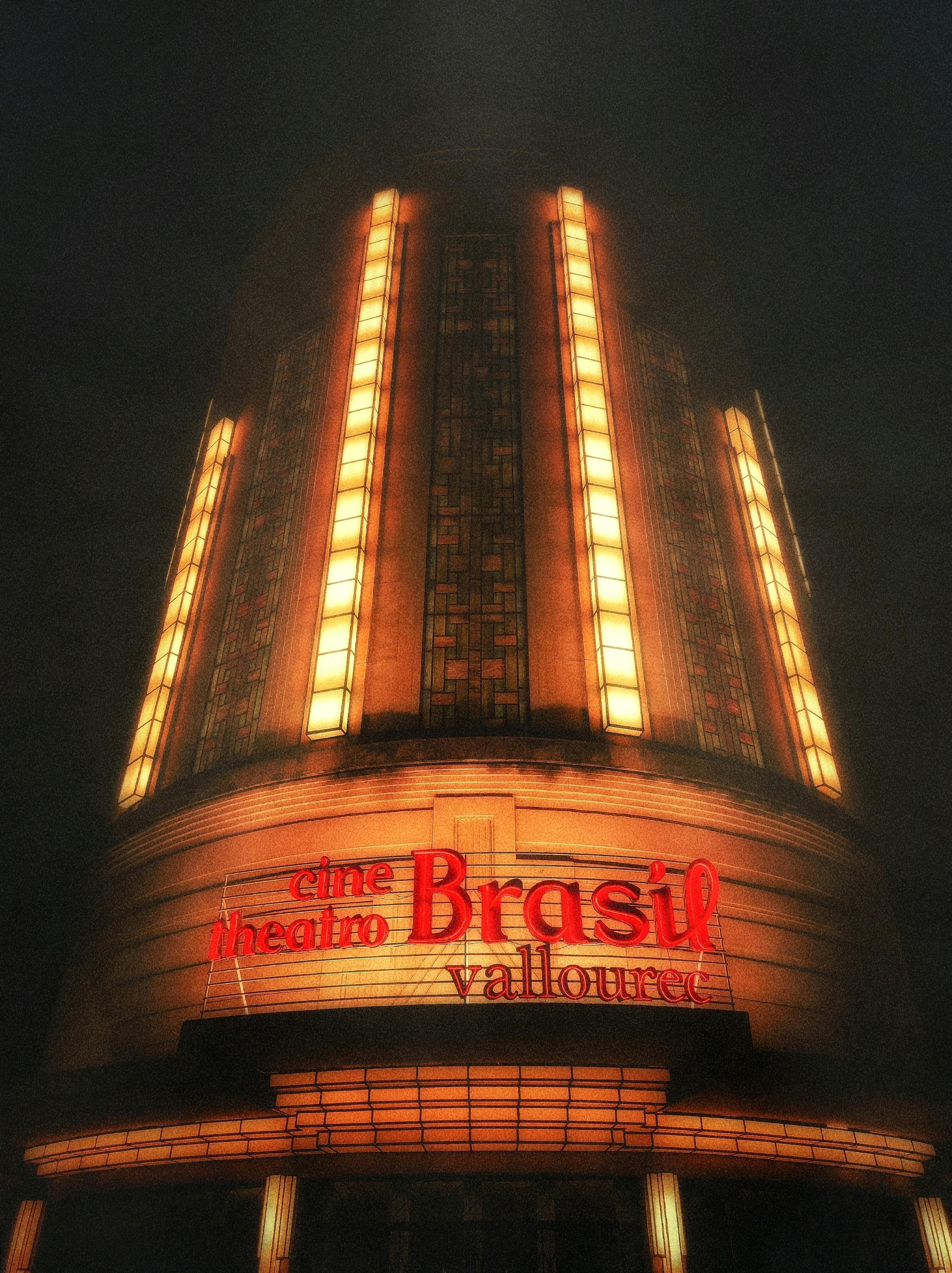 Free Art Deco facade of Cine Theatro Brasil Vallourec in Belo Horizonte at night. Stock Photo