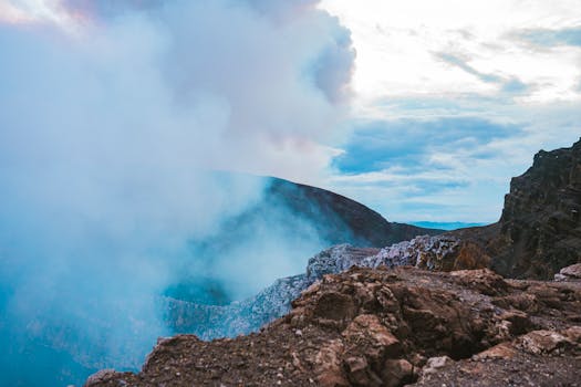 Captivating view of the smoky crater at Masaya Volcano in Nicaragua with rich textures.