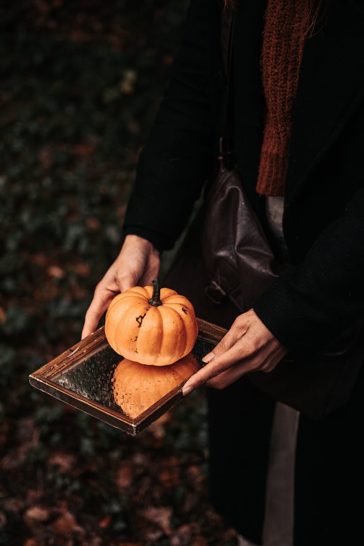 Hands Holding Pumpkin On Mirror