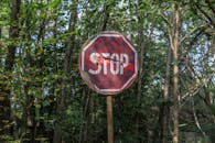 一个古老而生锈的停车标志被繁茂的树木环绕着