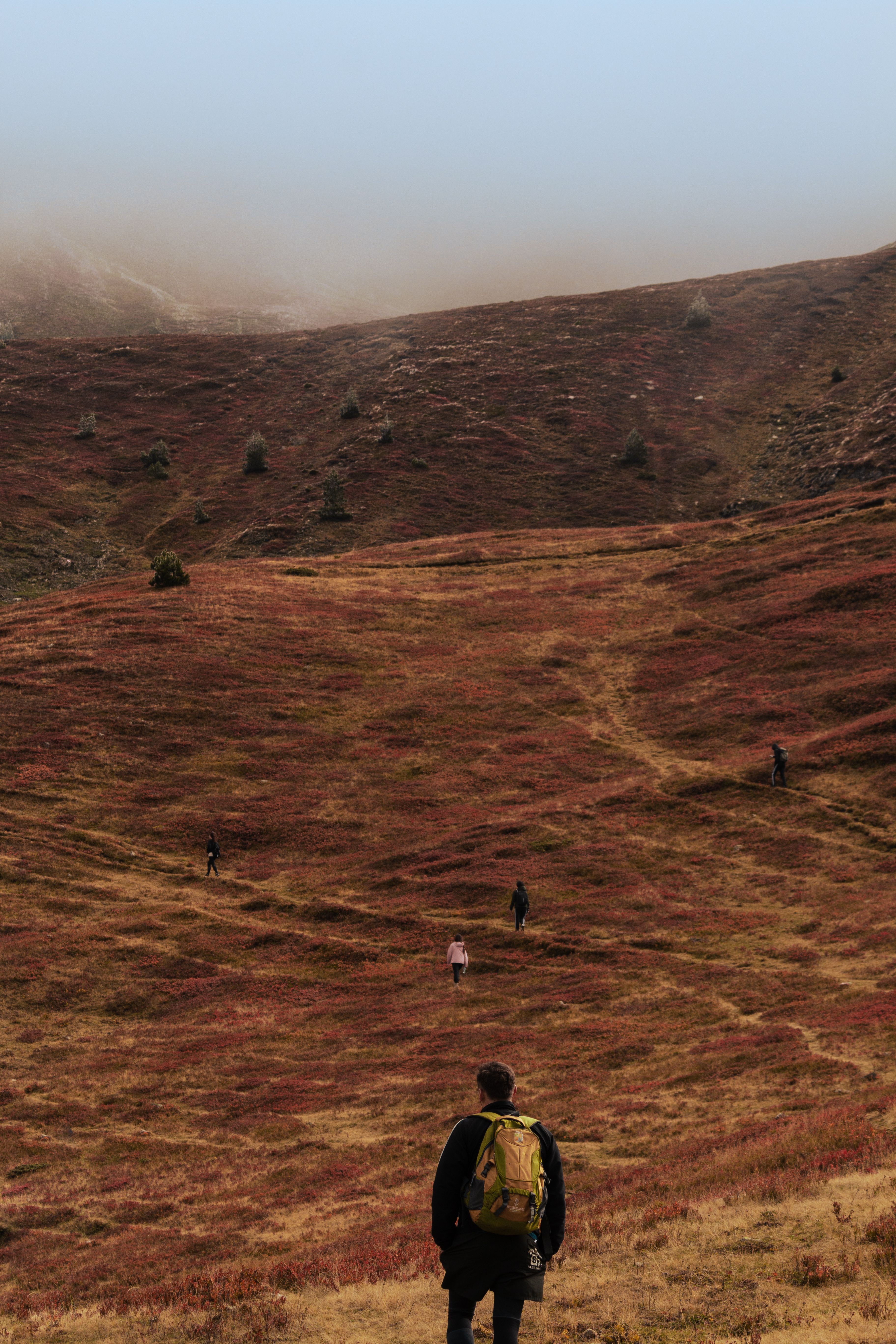 Group of hikers in a scenic autumn landscape in Shkodër, Albania. Misty hills create a serene atmosphere.