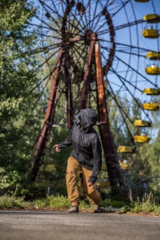 一名戴着防毒面具的人在切尔诺贝利禁区探索标志性的摩天轮