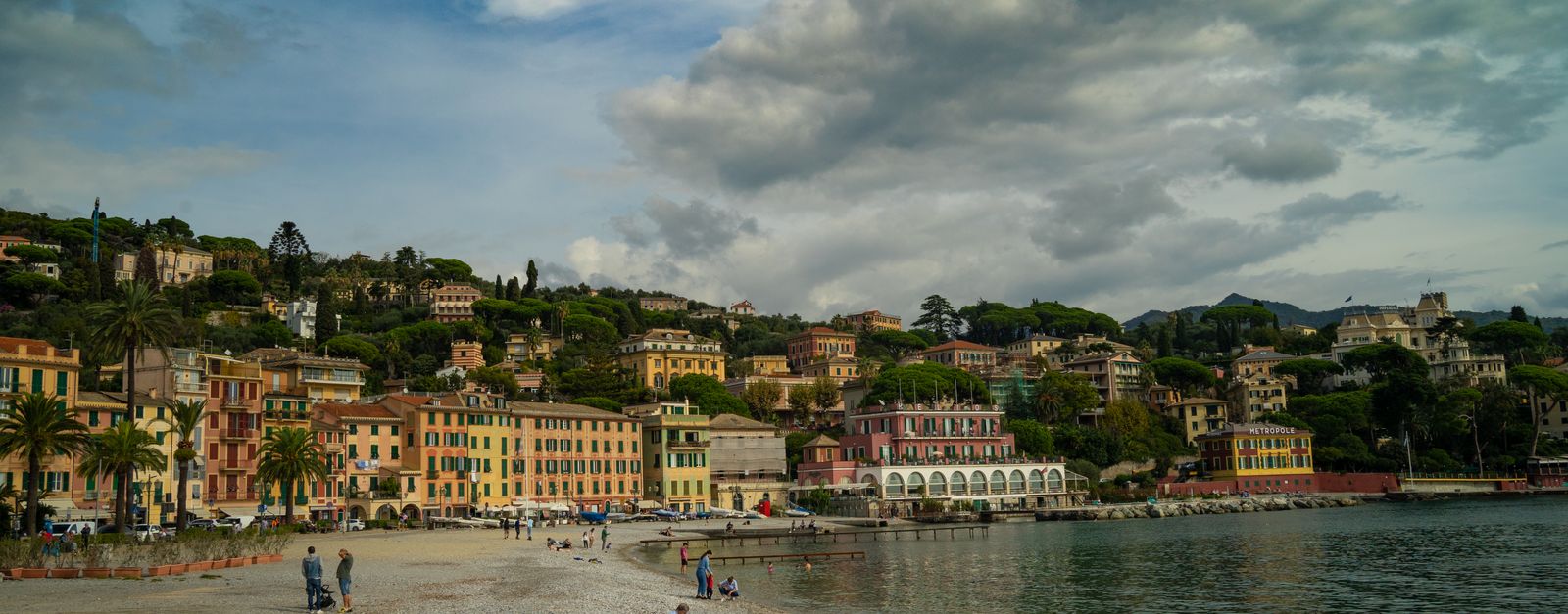 Charming coastal town of Santa Margherita Ligure with colorful buildings and scenic beach in Italy.