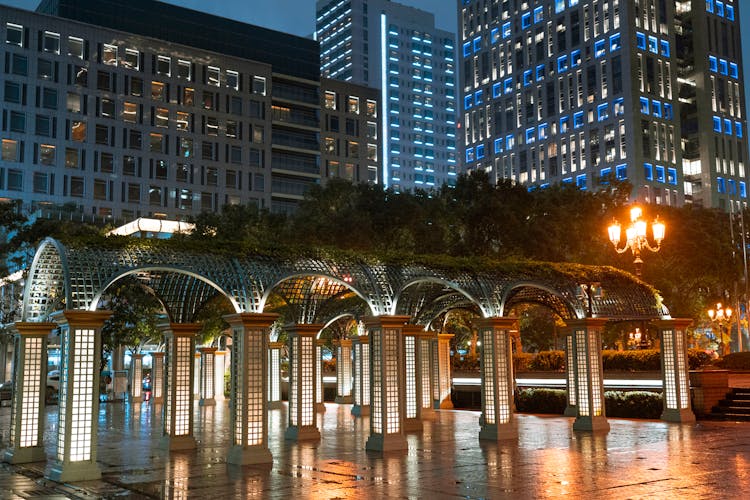 Illuminated City Architecture At Evening