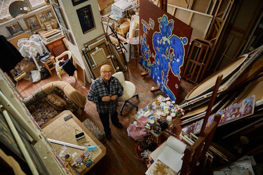 Creative artist in his vibrant studio with paintings and art supplies around.