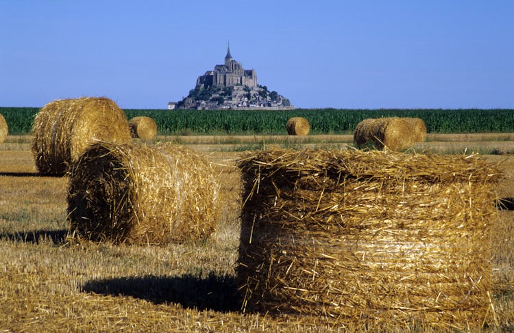 Hay Bales On Field With Mont Saint Michel Behind