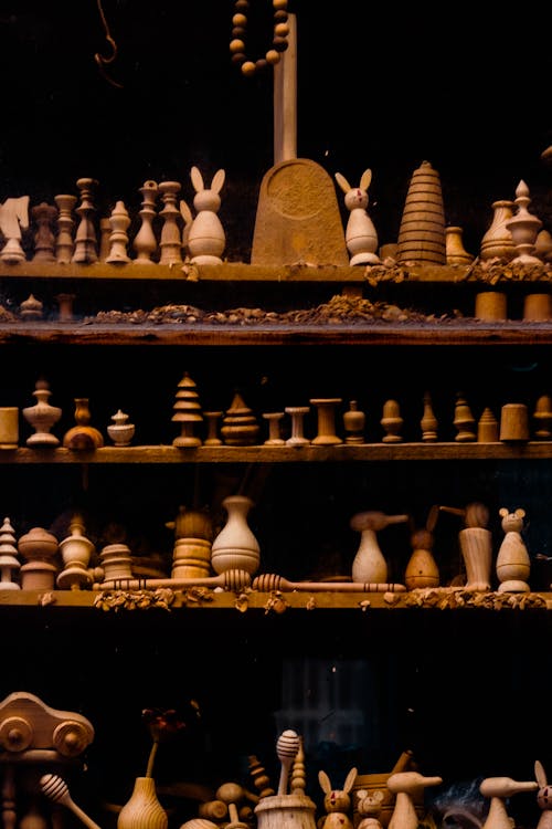 Various Wooden Objects on Shelves