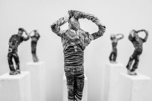 Black and white photo of a sculptural art installation in a museum setting, Fabriano, Italy.