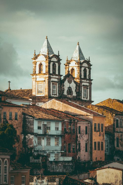 Free Vintage view of twin towers in Salvador, reflecting colonial architecture in a warm light. Stock Photo