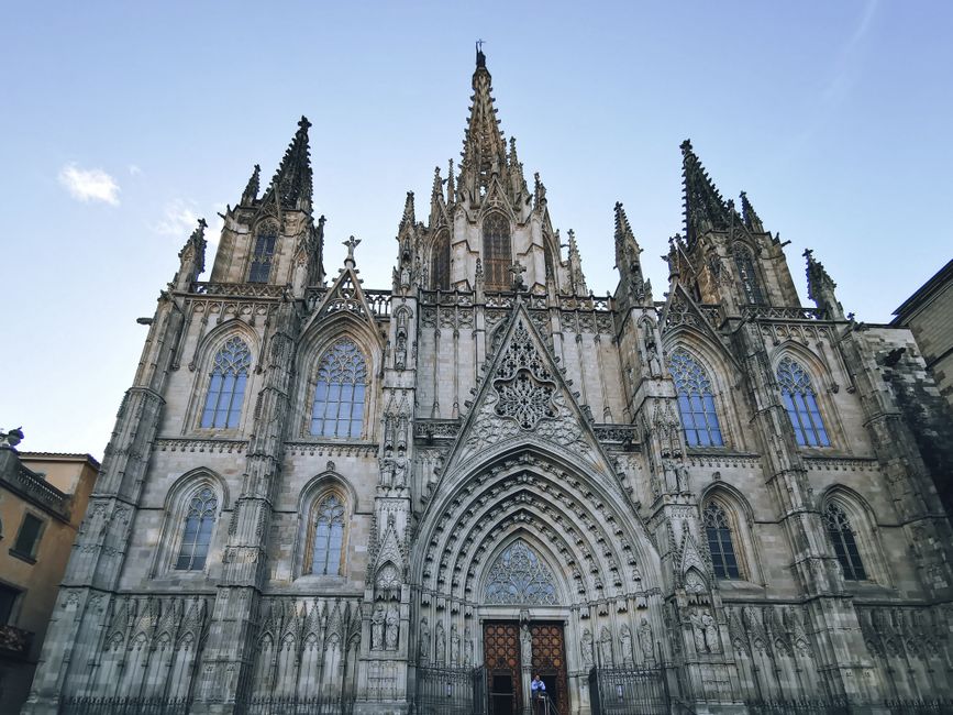 Stunning facade of the historic Barcelona Cathedral showcasing intricate Gothic architecture.