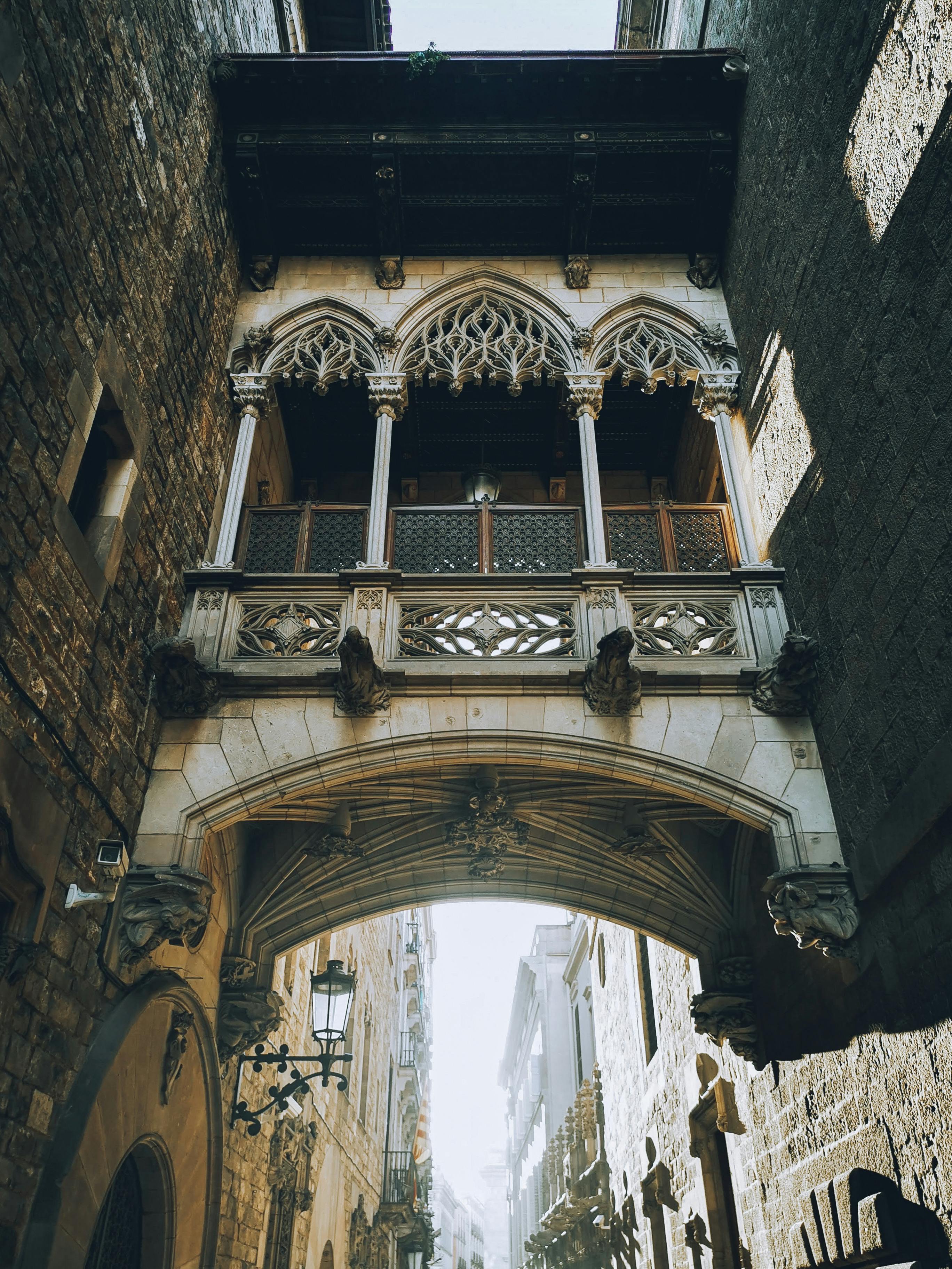 Ornate Footbridge above Carrer del Bisbe Street in Barcelona, Spain ...