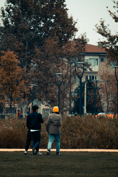 Free A couple leisurely walking in a city park during autumn, surrounded by trees. Stock Photo