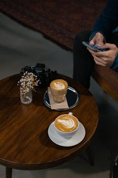 Cappuccinos with latte art on a round wooden table in a cozy İstanbul cafe.