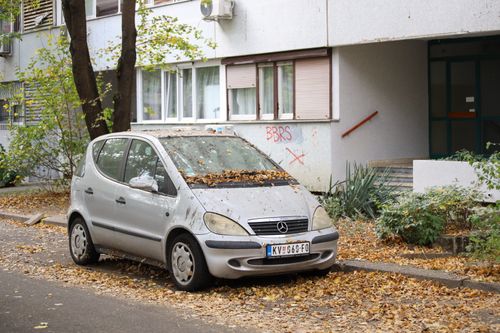 Free A parked vehicle covered with autumn leaves on a quiet residential street. Stock Photo