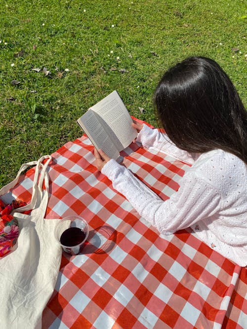 Woman Lying on Blanket and Reading Book