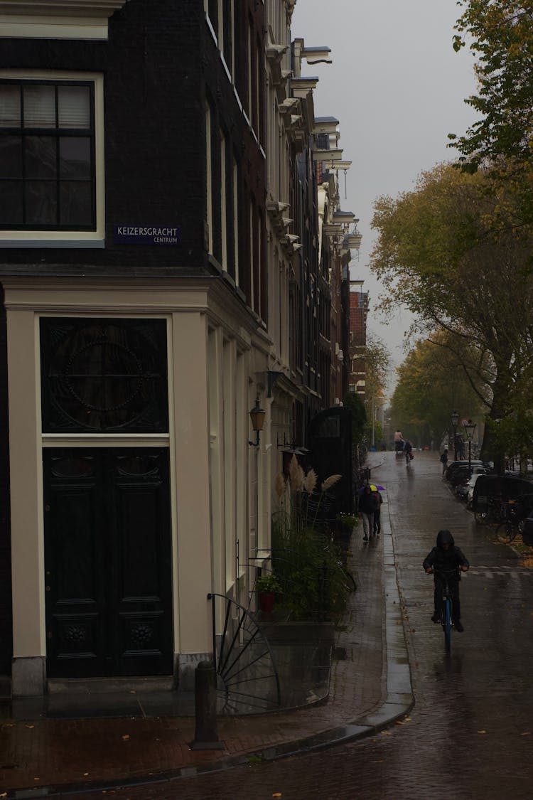 Person Cycling On A Street In The Rain 